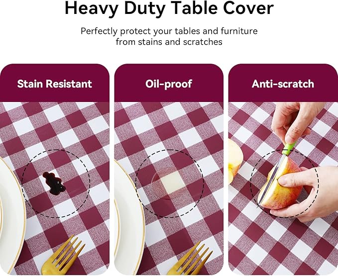 Romanstile Square Vinyl PVC Tablecloth, 100% Waterproof Buffalo Plaid Plastic Table Cloth, Oil Proof Heavy Duty Wipeable Table Covers for Dining/Camping/Picnic/Outdoor - 54 x 54, Burgundy