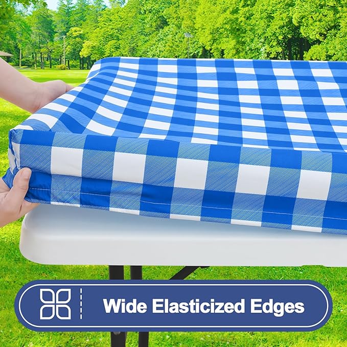 Smiry Picnic Table Cover with Bench Covers, Waterproof Elastic Fitted Tablecloths for 8 Foot Rectangle Tables, Washable Buffalo Plaid Tablecloth for Camping, Outdoor (Blue & White, 30"x96")