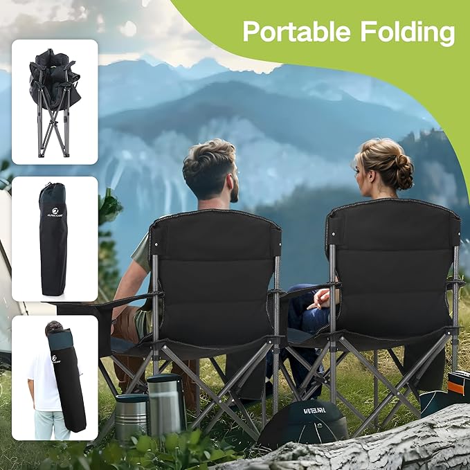 GREEN PARTY Folding Camping Chair Oversized Heavy Duty Lawn Chair with Cooler Bag, Cup Holder, Storage Pocket, Collapsible Padded Outdoor Arm Chair, Quad Lumbar