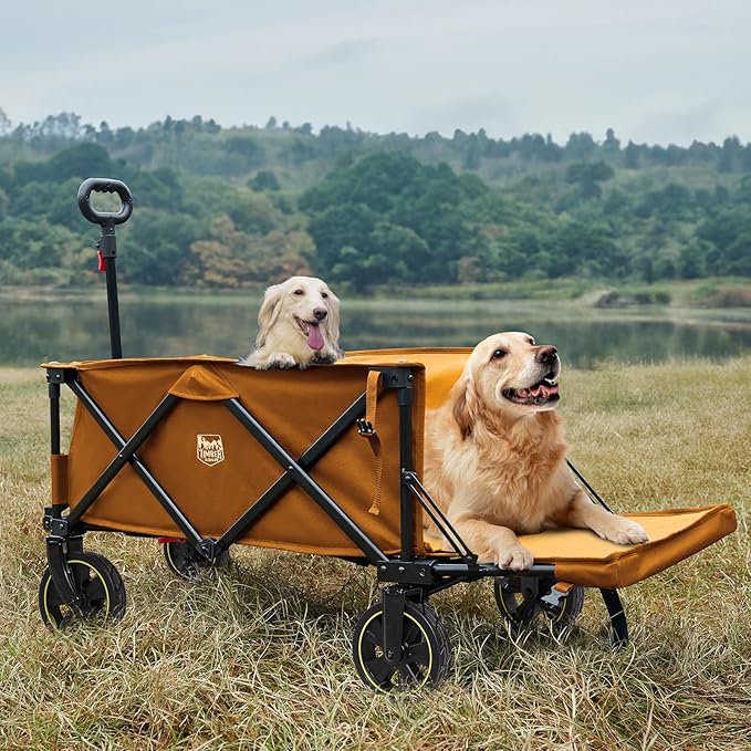 Timber Ridge 49" Extra Long Collapsible Folding Wagon with Tailgate and Brakes, 300lbs Heavy Duty Foldable Wagon with Adjustable Handle, 250L Capacity Portable Cart for Outdoor Camping Sports, Orange