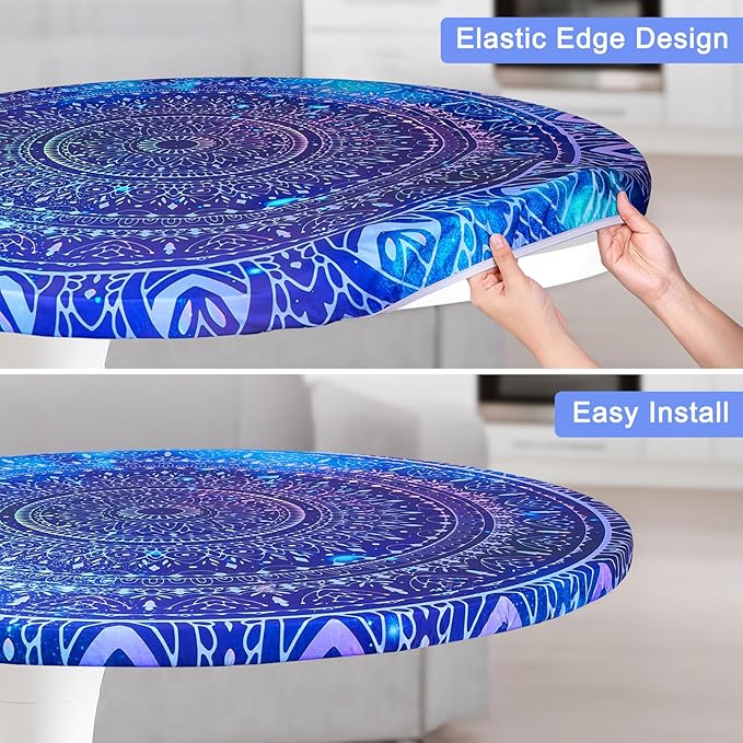 Round Tablecloth Fitted Elastic Table Cover Waterproof Table Cloth for Dinner, Party, Picnic,Camping, Round Table Cover for Indoor Outdoor