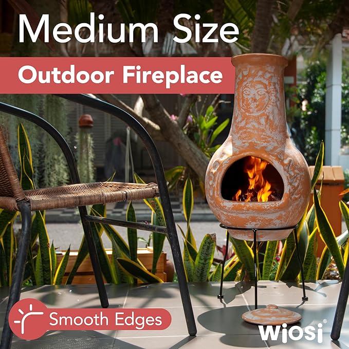 Wiosi Medium Chiminea Outdoor Fireplace Clay Chimineas with Chimney Rain Lids and Solid Metal Stands - Yellow Terracotta Chimenea - Rustic Fire Pit Chimnea 16 x 16 x 32-inch