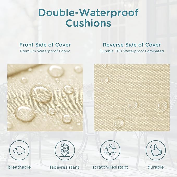 Codi Round Outdoor Chair Cushions 15 Inch, Patio Bistro Cushion Set of 2, Waterproof with Adjustable Straps, Beige 15x15''