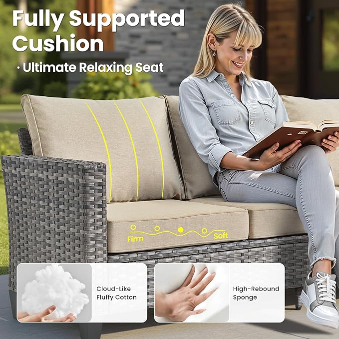 ovios 8 Pieces Patio Furniture Set with 30" Fire Pit Table, Outdoor Wicker Sofa with Comfy Cushions, All Weather High Back Rattan Couch Conversation Set, Beige