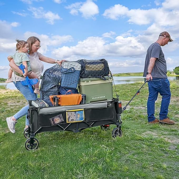 TIMBER RIDGE 51.2'' Extended Collapsible Wagon Cart with Brakes and Cargo Net, 350LBS Heavy Duty Foldable Utility Wagon with Adjustable Handle, 400L Capacity Portable Cart for Camping Sports Shopping