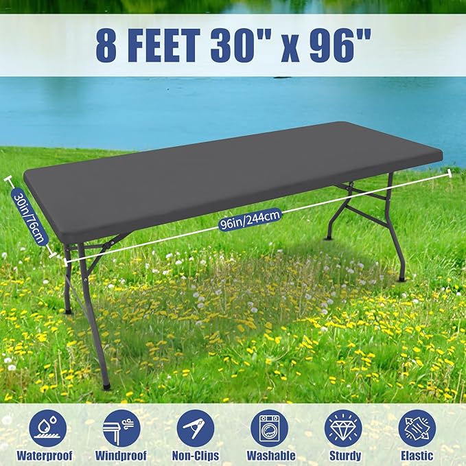 Spandex Picnic Table Cloth 2 Pack, Elastic Fitted Tablecloths for 6 Foot Rectangle Tables, Stretch Washable Patio Table Cover for Outdoor, Camping, Banquet and Parties (Dark Grey, 30"x72")