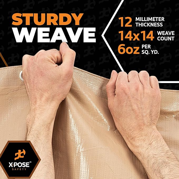 Heavy Duty Tan Poly Tarp 7' X 40' - Multipurpose Protective Cover - Durable, Waterproof, Weather Proof, Rip and Tear Resistant - Extra Thick 12 Mil Polyethylene - by Xpose Safety