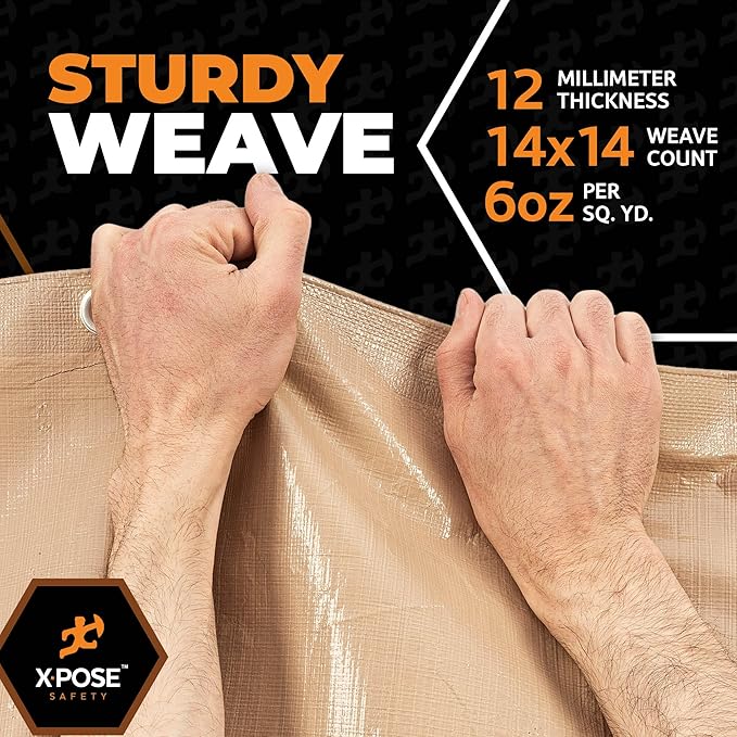 Heavy Duty Tan Poly Tarp 9' X 12' - Multipurpose Protective Cover - Durable, Waterproof, Weather Proof, Rip and Tear Resistant - Extra Thick 12 Mil Polyethylene - by Xpose Safety