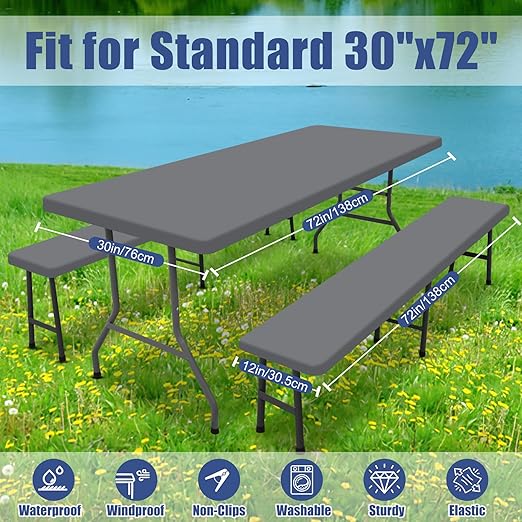 Picnic Table Cover with Bench Covers, Elastic Fitted Spandex Tablecloths for 6 Foot Rectangle Tables, Stretch Washable Patio Tablecloth for Outdoor, Camping (Grey, 30"x72")