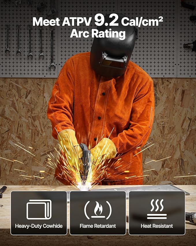 VEVOR Leather Welding Jacket, Heavy Duty Cowhide Flame Resistant Welding Coat, Waterproof Heat-Resistant Safety Jacket with 4 Pockets & Adjustable Cuffs for Welders Steelworks - XL Size