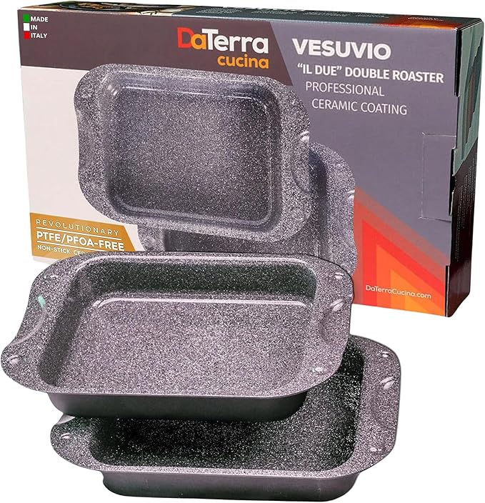 DaTerra Cucina - 13 x 8 x 4.25 Nonstick Ceramic Coated Dual Roasting Pan Set – 2 Identical Pans, Oven Safe, Ideal for Roasting, Baking, Searing, Braising, Casseroles, Fits Most Toaster Ovens