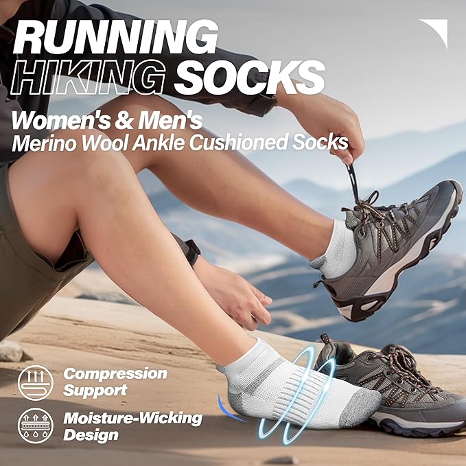 6 Pairs Merino Wool Ankle Running Hiking Socks Compression Support Breathable Thick Cushion No Show Socks for Women Men