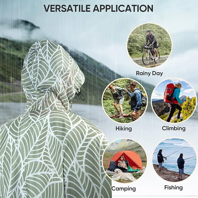 PTEROMY Hooded Rain Poncho for Adult with Pocket, Waterproof Lightweight Unisex Raincoat for Hiking Camping Emergency