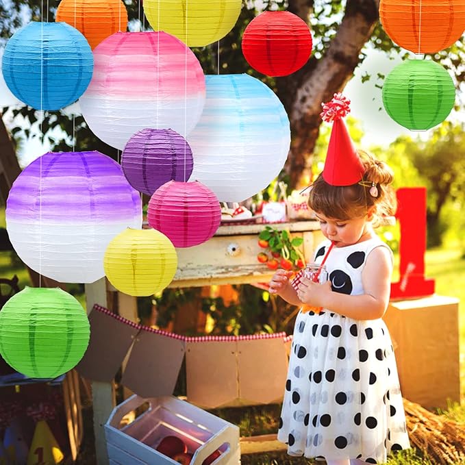 14 PCS Gradient Seven Color Round Paper Lanterns - Chinese Tissue Hanging Decorative for Indoor Room & Outdoor Party Supplies Decoration