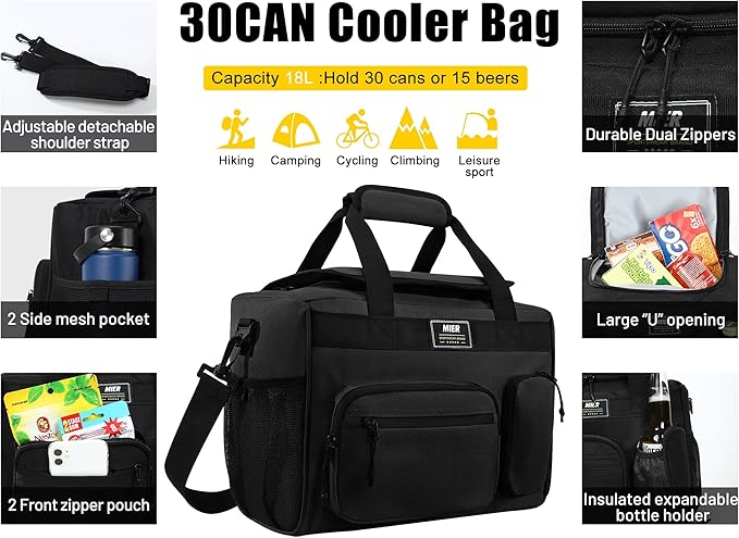 MIER Large Lunch Box for Men Women Adult Insulated Soft Sided Cooler 30 Can Leakproof Lunch Bag Collapsible for Work Travel Camping Beach, 18L (Black-No Luggage Strap)