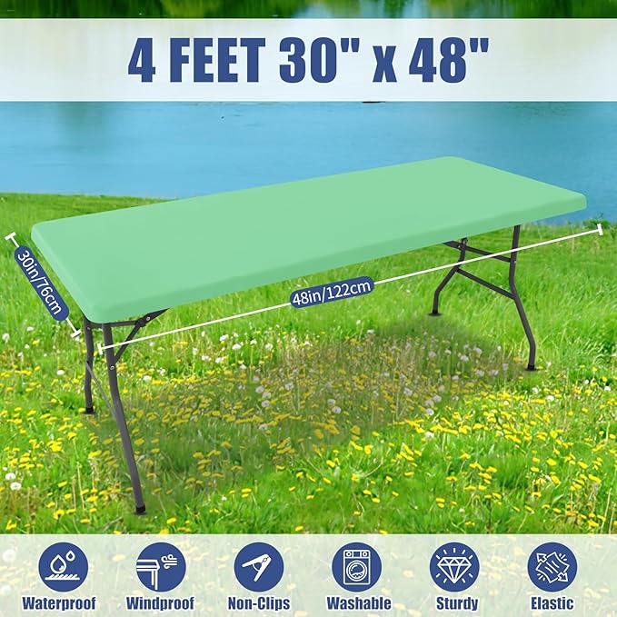 Spandex Picnic Table Cloth 2 Pack, Elastic Fitted Tablecloths for 4 Foot Rectangle Tables, Stretch Washable Patio Table Cover for Outdoor, Camping, Banquet and Parties (Bright Green, 30"x48")