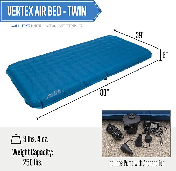 ALPS Mountaineering Vertex Air Bed, Twin or Queen Inflatable Mattress, Versatile Pump Included
