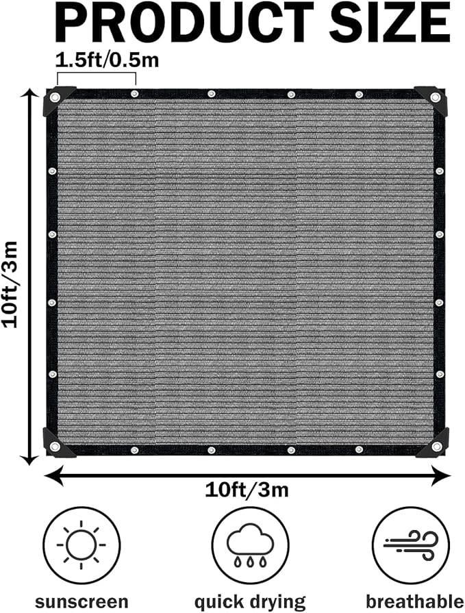 Grey Sun Shade Cloth,Pergola Shade Cover with Reinforced Grommets,90% Shade Fabric Fence Privacy Screen Balcony,Pergola Shade Cover Canopy Garden Carport Porch Deck Patio Shade Cover,10x10FT