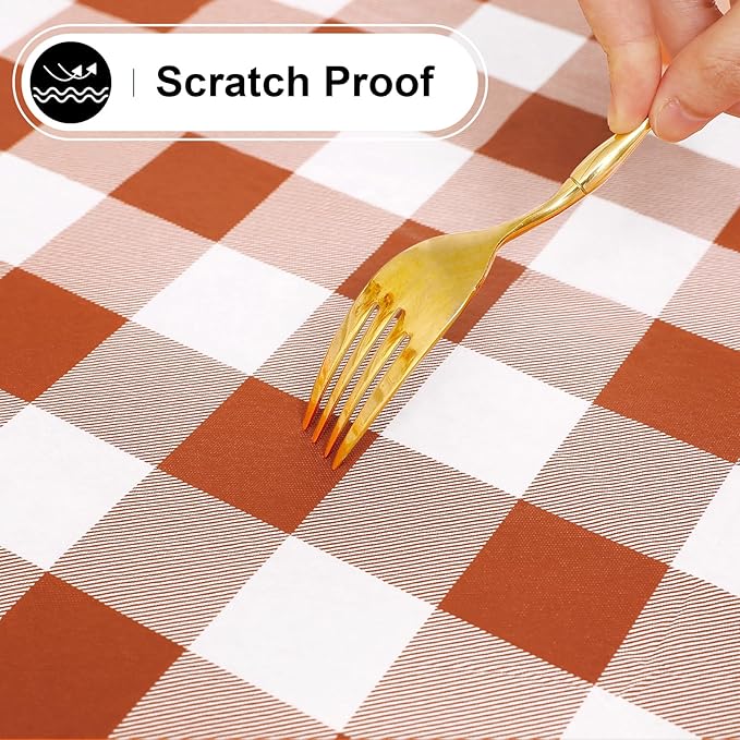 misaya Round Waterproof Vinyl Table Cloth, Buffalo Flannel Backed Tablecloth, Wipeable Plastic Table Cover for Dinner, Kitchen, Picnic, (60", Rust and White)