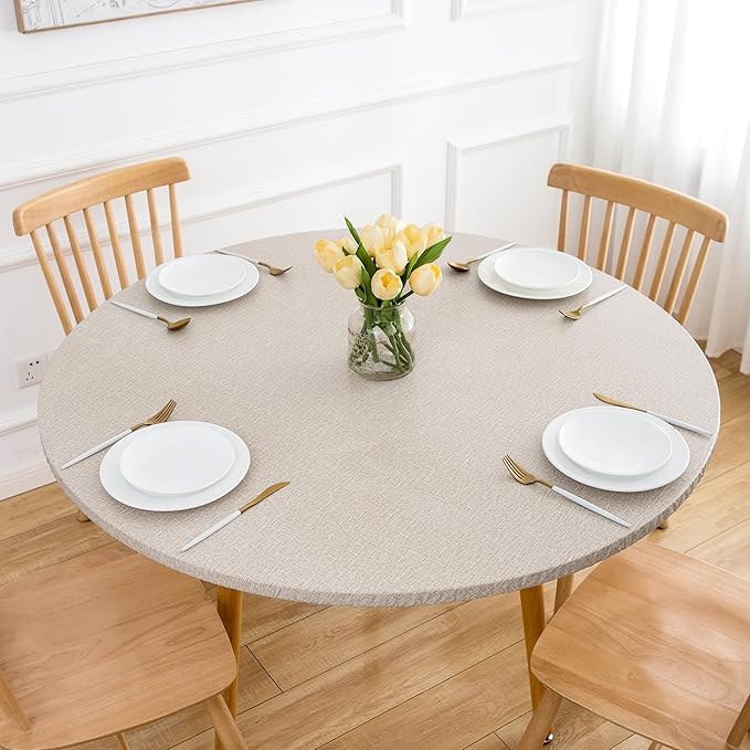 Fitable 4 Pack Vinyl Fitted Round Table Cover with Elastic- Waterproof Faux Linen Tablecloth Flannel Backed Wipeable Table Cloth for Picnic Camping, Nature (Fit for 36"-44" Round Tables)
