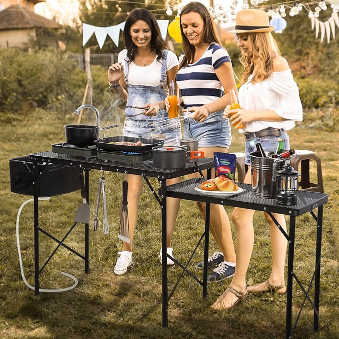 RedSwing Folding Grill Table with Sink and Double Shelf, Multifunctional Portable Grill Stand Table for Outdoor Camping Picnic BBQ, 69 x20 x31.5 Inches, Black