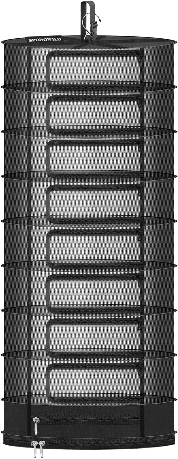 Herb Drying Rack Hanging Mesh Net，8+1 Layer Plant Drying Rack with Door-Type Zipper & Closed Storage Compartment for Folding Basket Dryer Fit in Grow Tents、Garden Outdoor