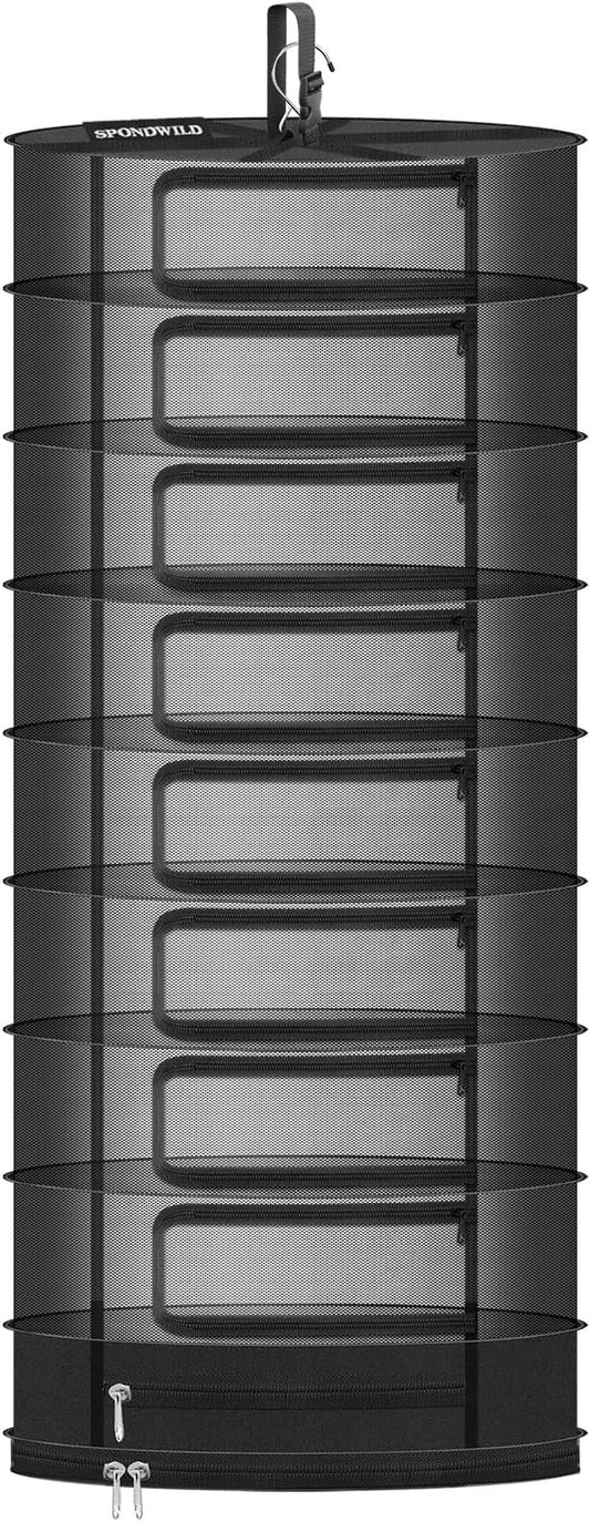 Herb Drying Rack Hanging Mesh Net，8+1 Layer Plant Drying Rack with Door-Type Zipper & Closed Storage Compartment for Folding Basket Dryer Fit in Grow Tents、Garden Outdoor