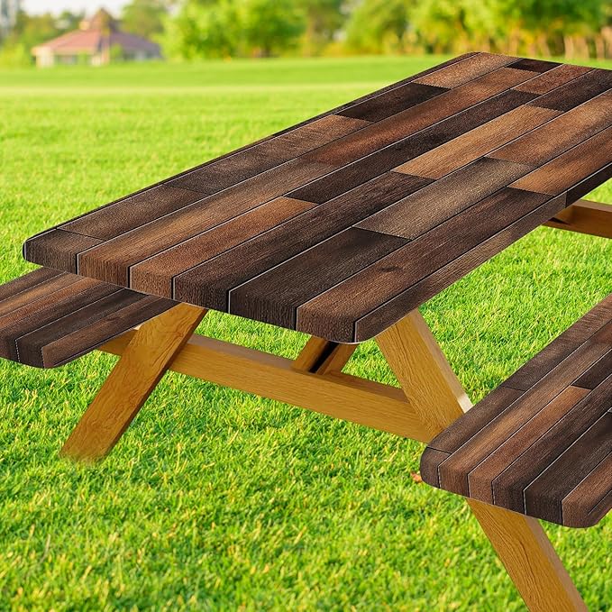 Picnic Table Cover with Bench Covers Elastic Edges, Farmhouse Brown Wooden Fitted Outdoor Patio Camping Essentials, Waterproof Camping Fitted Tablecloth, Drawstring Bag, 72in, Brown