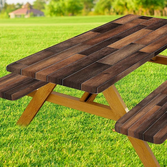 Picnic Table Cover with Bench Covers Elastic Edges, Farmhouse Brown Wooden Fitted Outdoor Patio Camping Essentials, Waterproof Camping Fitted Tablecloth, Drawstring Bag, 72in, Brown