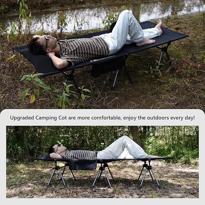 MOON LENCE Height Adjustable Camping Cot - Supports 330 lbs, Portable Folding Bed with Leg Extenders & Camping Pillow for Camping, Hiking, Sleeping, Black