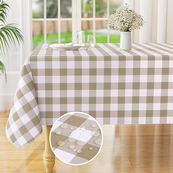 misaya Rectangle Waterproof Vinyl Table Cloth, Buffalo Flannel Backed Tablecloth, Wipeable Plastic Table Cover for Dinner, Kitchen, Outdoor (54" x 78", Khaki and White)