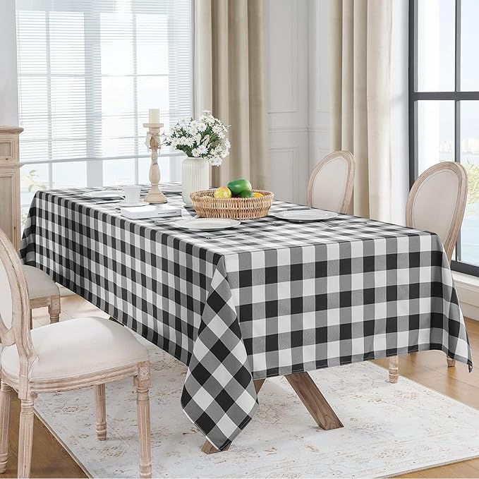 Softalker Gingham Checkered Rectangle Tablecloth - Waterproof Buffalo Plaid Table Cloth Stain Resistant Polyester Table Cover for Picnic/Camping/Outdoor - Black and White, 2 Pack - 60 x 84 Inch