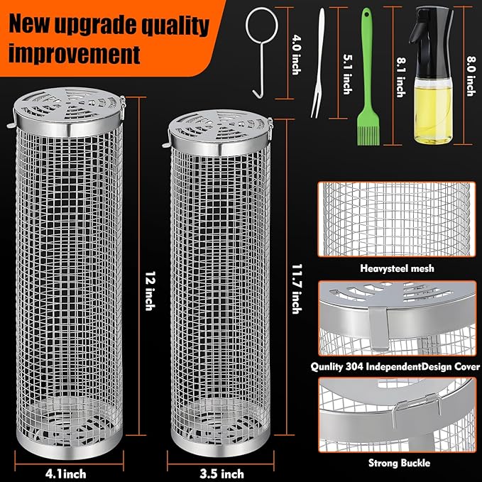 2 pcs Rolling Grilling Baskets for outdoor grilling, BBQ Stainless Steel Grill accessories set for Outdoor Grill, Grill Baskets Suitable for Vegetable,Fries,Fish, Shrimp, Grill BBQ Net Tube with Barbecue accessories