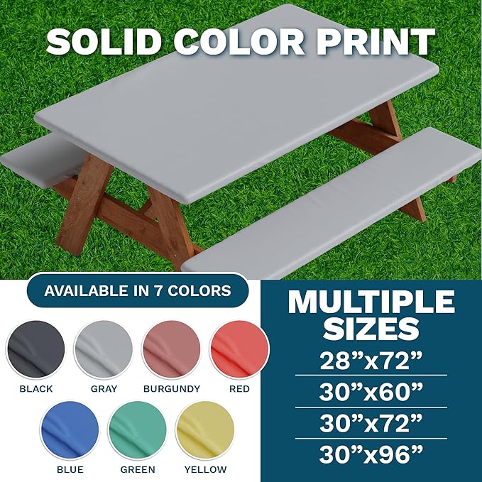Sorfey Picnic Table Cover with Bench Covers -Fitted with Elastic, Vinyl with Flannel Back, Fits for Table 30"x 60" Rectangle,Water Proof, Solid Grey Design