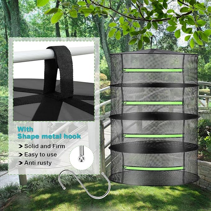 2ft Herb Drying Rack Net Mesh with Green Zippers Hydroponics,Bonus Hook Drying Rack Herbs for Plant Bud Seed, Mesh Hanging Plant Dry,Herb Dry Net for Garden (8 Layer, Zipper Style)
