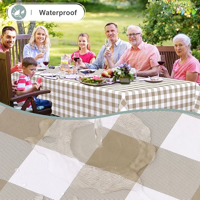 misaya Rectangle Waterproof Vinyl Table Cloth, Buffalo Flannel Backed Tablecloth, Wipeable Plastic Table Cover for Dinner, Cafe, Outdoor (60" x 120", Khaki and White)