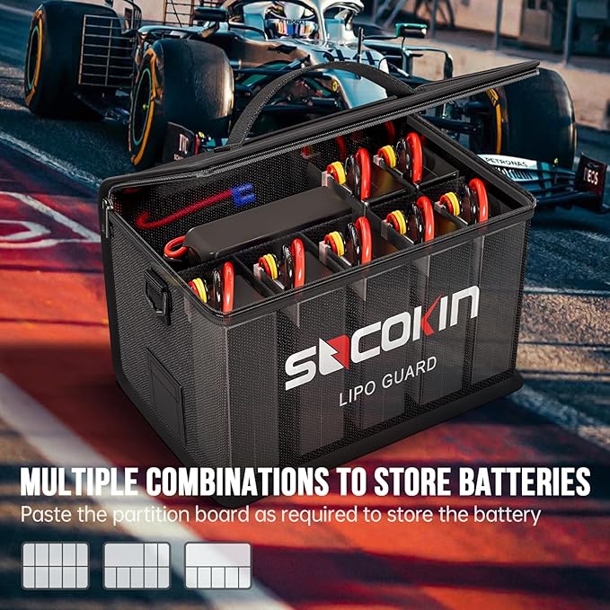 Lipo Battery Safe Bag Fireproof Explosionproof Bags Large Capacity Adjustable Safe Bag for Lipo Battery Charge Storage 10 Cell Adjustable Battery Safe Bag (10.6 * 6.7 * 6.7 in)