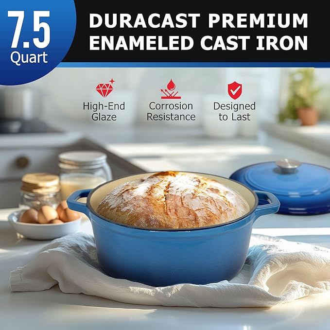 MÜELLERHOME 7.5 QT Enameled Cast Iron Dutch Oven, Heavy-Duty Casserole Dish and Braiser Pan with Lid and Stainless Knob, Oven-Safe up to 500° F & Across All Cooktops, Aqua Blue