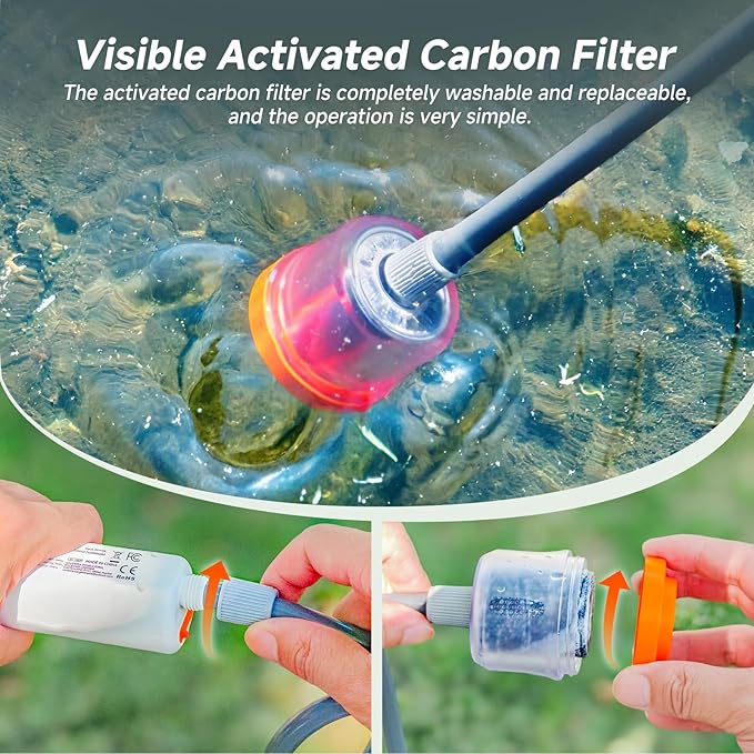 Rocalt Portable Camping Shower with Filtration, Handheld Electric Shower with LED Light and USB-C, Integrated Design of Water Pump, IPX6 Waterproof Outdoor Shower for Hiking, Pet Cleaning, Travel, Car