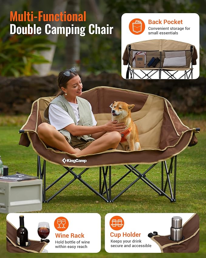 KingCamp Double Camping Chair, Oversized Heavy Duty Loveseat for Adults Portable Folding XL 2 Person Couch Padded Comfortable Two Seat with Cup Holder for Outdoor Lawn Backyard