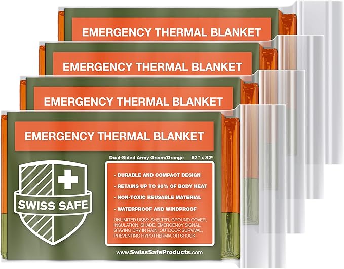 Swiss Safe 4 Pack Mylar Emergency Blankets for Survival - Compact & Insulated for Cold Weather - Designed for NASA, Outdoor, Running, Camping, Survival, First Aid Car Kit - Orange & Green, 4 Pack