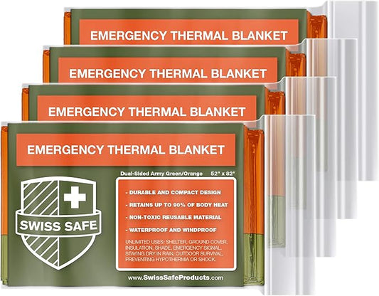 Swiss Safe 4 Pack Mylar Emergency Blankets for Survival - Compact & Insulated for Cold Weather - Designed for NASA, Outdoor, Running, Camping, Survival, First Aid Car Kit - Orange & Green, 4 Pack