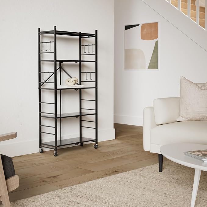 Himix Storage Shelves with 20 Hooks, 5-Tier Collapsible Organization Storage Rack Bookshelf Folding Pantry Shelves Cube Shelf Wire Shelving Holds 440 Ibs for Garage Kitchen Room