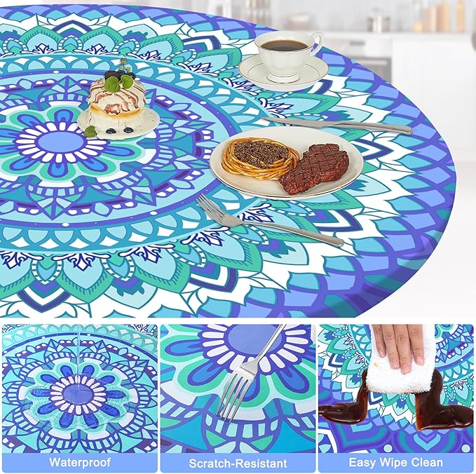 Round Tablecloth Fitted Elastic Table Cover Waterproof Table Cloth for Dinner, Party, Picnic,Camping, Round Table Cover for Indoor Outdoor