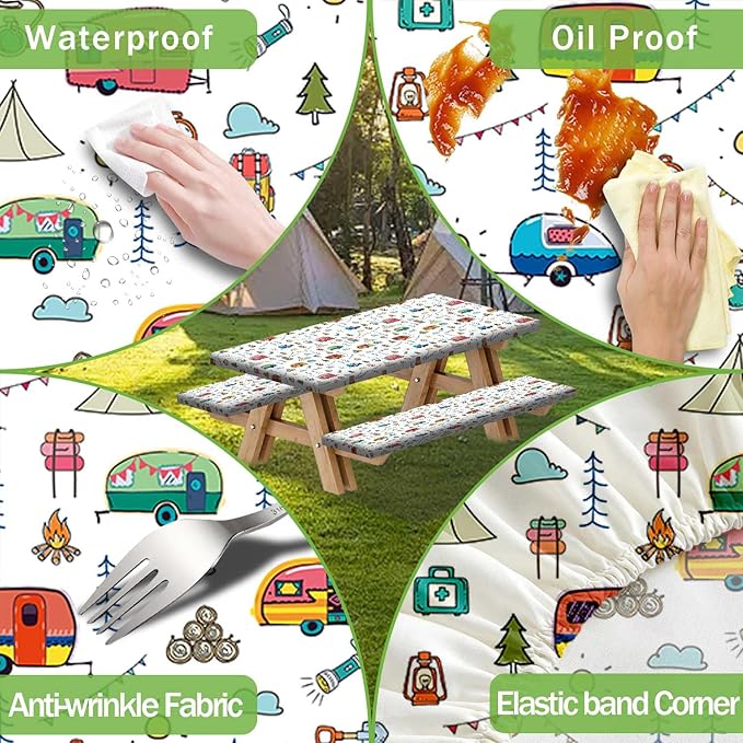 Picnic Table Cover with Bench Covers, Colorful Cartoon Camping Icons Elastic Edges, Waterproof Windproof Fitted Tablecloth, for Outdoor Camping Patio Garden, Includes Drawstring Bag, 72 in