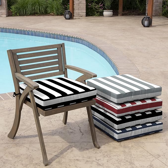 Arden Seat Cushion, 21 x 21, Rain-Proof, Fade Resistant, Cushion for Patio Dining, Adirondack, and Outdoor Chairs Black Cabana Stripe