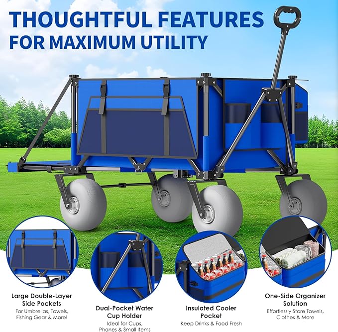 Beach Wagon with Big Wheels for Sand - 450lbs Load Heavy Duty Wagons Carts Foldable with 9" All Terrain Inflatable Tires, Collapsible Beach Cart for Grocery Shopping Garden Sports Camping Outdoor