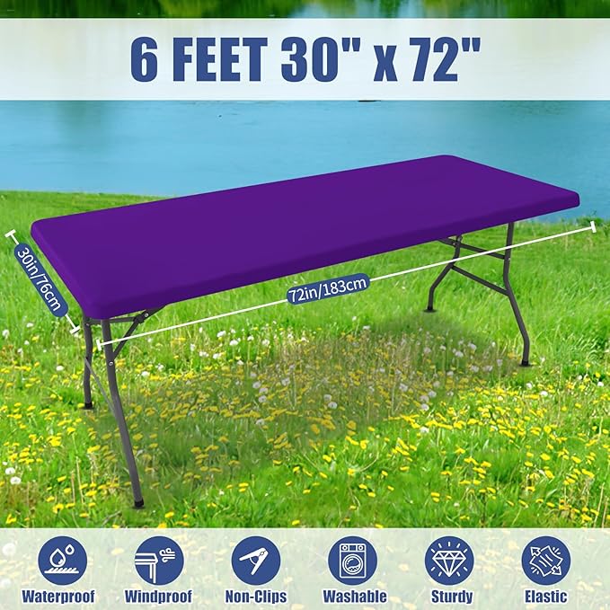 Spandex Picnic Table Cloth 2 Pack, Elastic Fitted Tablecloths for 6 Foot Rectangle Tables, Stretch Washable Patio Table Cover for Outdoor, Camping, Banquet and Parties (Purple, 30"x72")