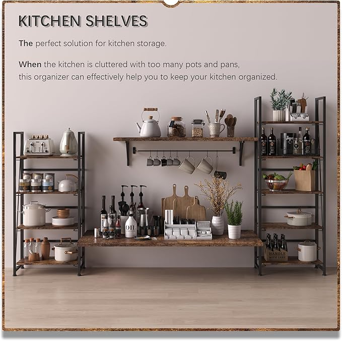 4NM No-Assembly Folding Bookshelf Storage Shelves 4 Tiers Vintage Bookcase Standing Racks Study Organizer Home Office (Rustic Brown Black)