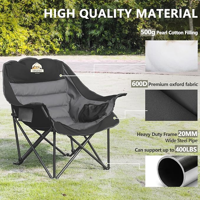 Oversized XL Padded Camping Chair Wide Heavy Duty Lawn Chairs Support 450 LBS Portable Folding Gaint Camp Chair with Side Pocket Cup Holder for Outdoor Outside Sports Baseball-Black&Grey
